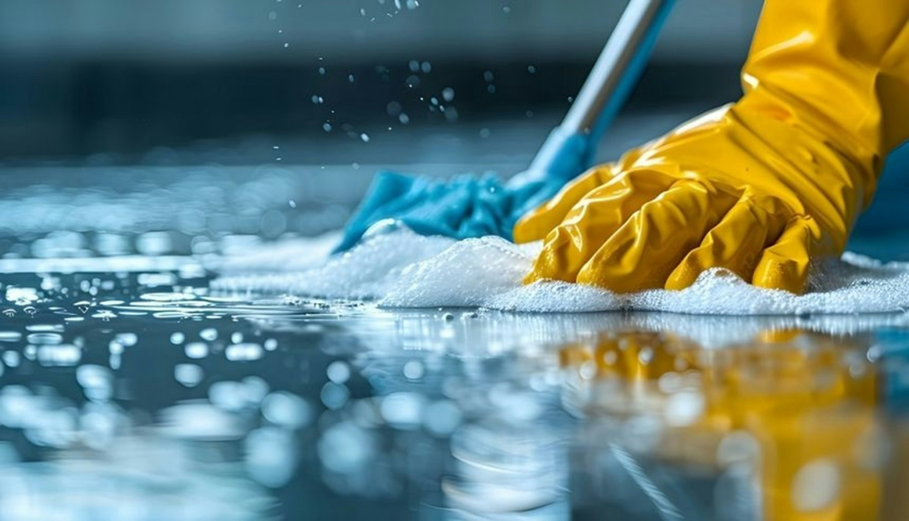 A gloved hand scrubbing a wet surface with foam