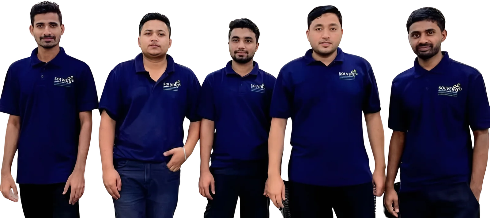 Five members of the Solvers cleaning team in navy Solvers polo shirts